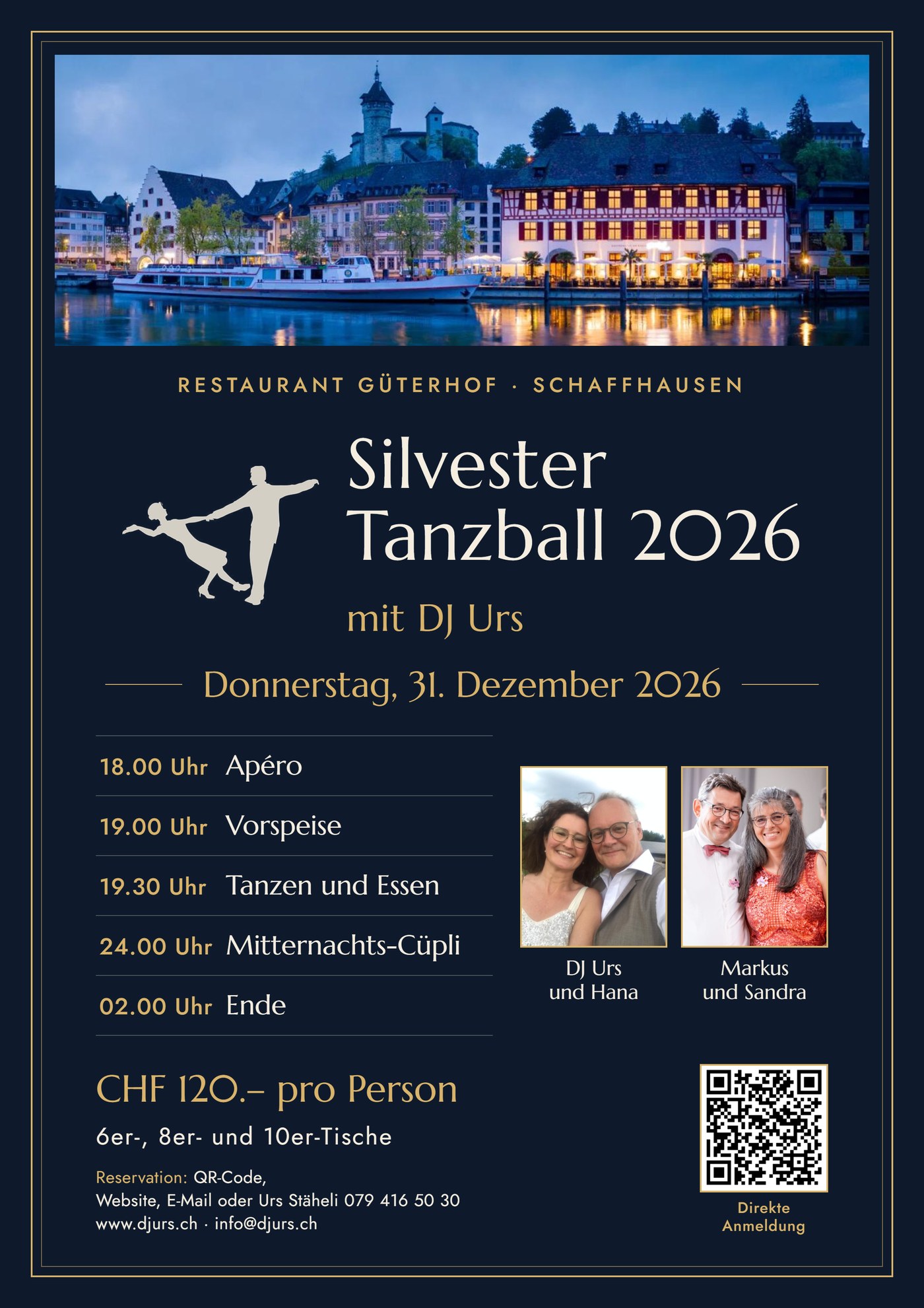 Flyer Silvester Tanzball 2026 mit DJ Urs, 31. Dezember 2026, Restaurant Güterhof Schaffhausen